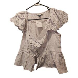 American Eagle Outfitters White Eyelet Flutter-Sleeve Peplum Blouse 100% Cotton